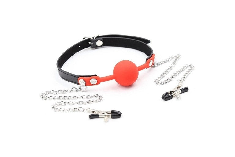 Kit BDSM Frenzy: todo Negro Correa y Mordaza completamente Roja Mordaza de Bola con Pinzas para Pezones – Camtoyz Red Play