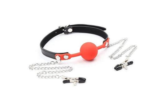 Kit BDSM Frenzy: todo Negro Correa y Mordaza completamente Roja Mordaza de Bola con Pinzas para Pezones – Camtoyz Red Play