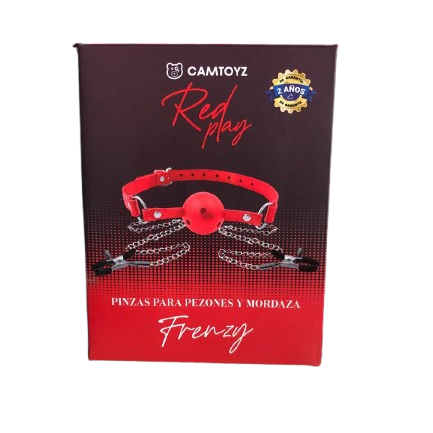 Kit BDSM Frenzy: Correa y Mordaza completamente Roja Mordaza de Bola con Pinzas para Pezones – Camtoyz Red Play