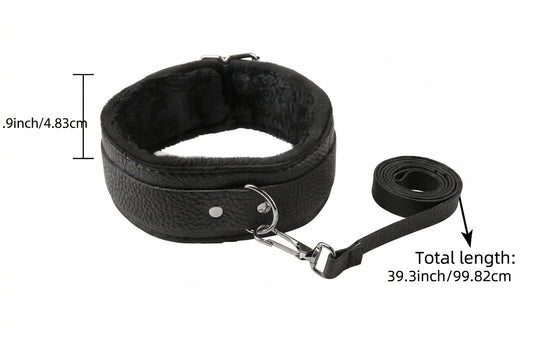 Collar Erótico de Cuero Sintético con Interior de Peluche y Correa – Negro