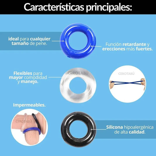 💪 Set de 3 Anillos para Testículos X3 Cock Ring – Control, Estilo y Placer | Silicona Estirable | Azul, Transparente y Negro - 💪 X3 Cock Rings Set – Style, Control & Pleasure | Stretchy Silicone | Blue, Clear & Black