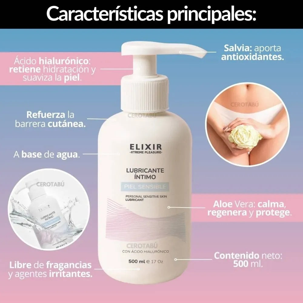 Lubricante Neutro Hipoalergénico - Ideal Para Piel Sensible - Con Ácido Hialurónico Y Aloe Vera - Marca Elixir - 500 Ml