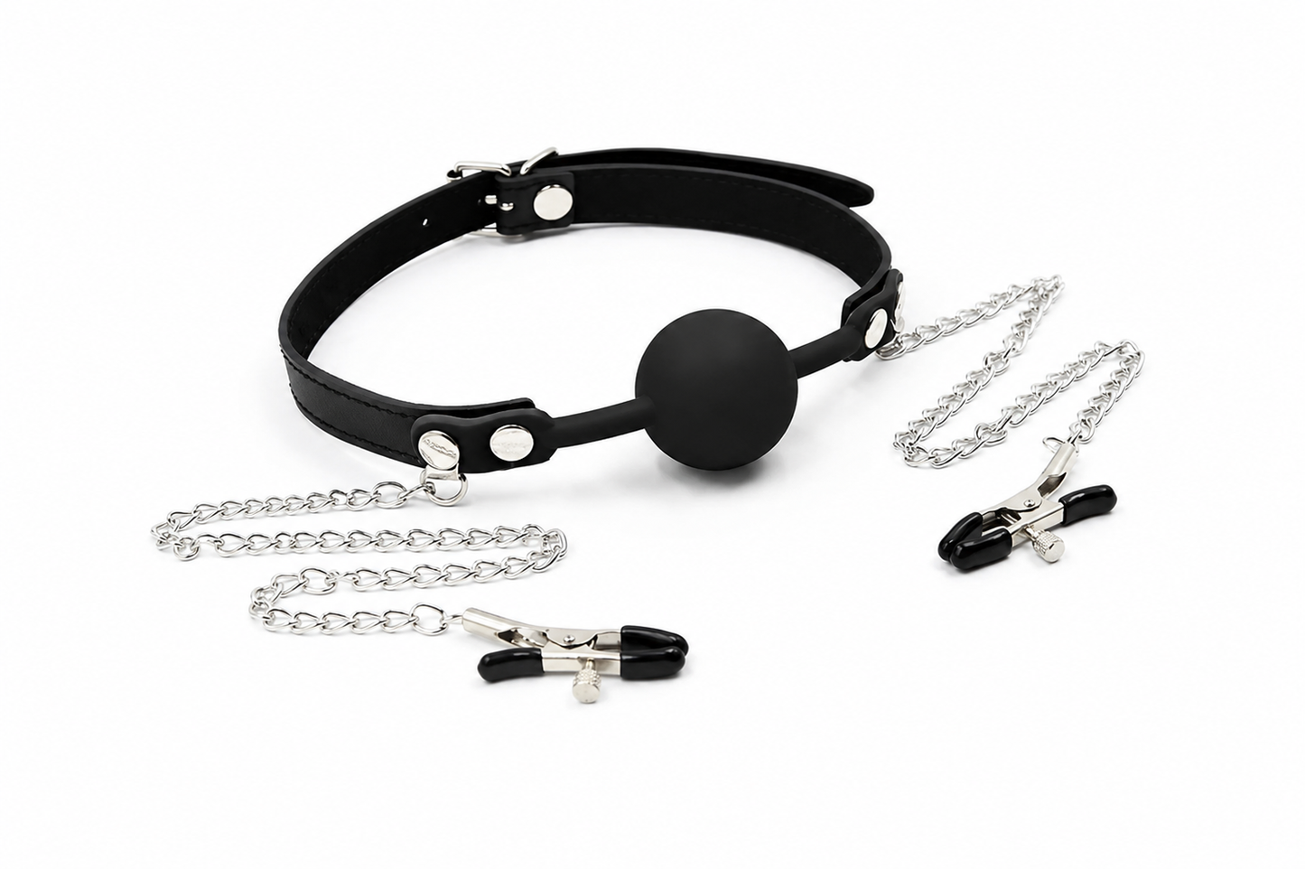 Kit BDSM Frenzy: todo Negro Correa y Mordaza completamente Roja Mordaza de Bola con Pinzas para Pezones – Camtoyz Red Play