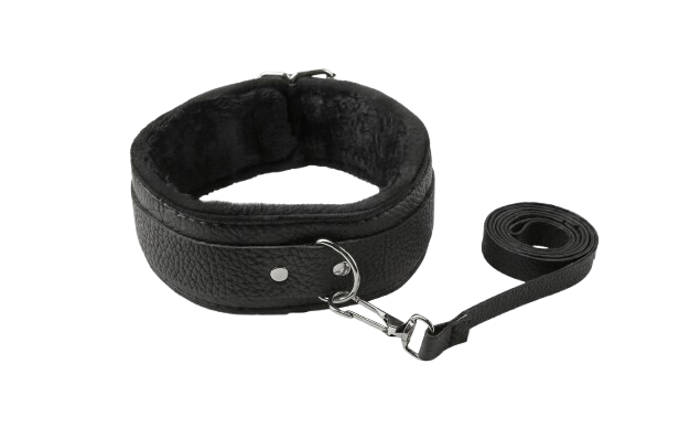 Collar Erótico de Cuero Sintético con Interior de Peluche y Correa – Negro