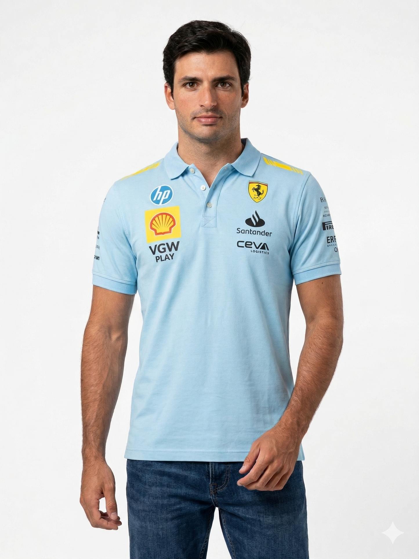 Camisa Polo Scuderia Ferrari F1 | Azul Celeste & Patrocinios 2026
