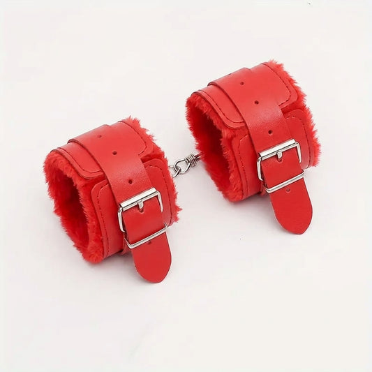 Esposas Eróticas con Peluche – Rojo -  Juego de Dominación y Placer Suave | Correa Firme + Peluche Cómodo | Ajustables 💋 Furry Erotic Handcuffs – Soft Bondage Play | Firm Strap + Plush Comfort | Adjustable
