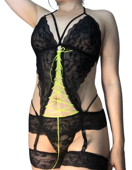 Liguero Cintas Negro y Verde Lenceria Femenina
