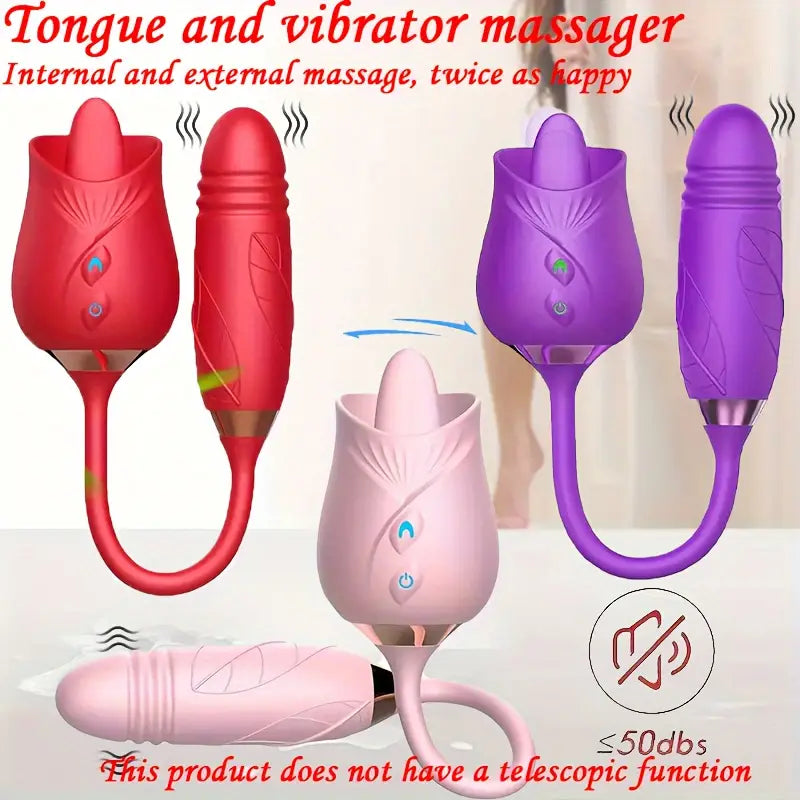 🌹 Masajeador Rose con Lengua Realista – Succión, Vibración y Doble Estimulación | 10 Modos | Recargable USB - 🌹 Rose Licking Vibrator – Realistic Tongue, Suction & Dual Stimulation | 10 Modes | USB Rechargeable